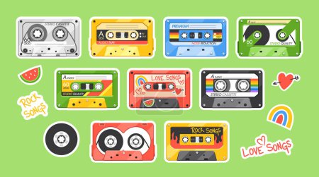 Illustration for Vintage Audio Cassette Stickers Collection. Retro Labels For Classic Cassette Tapes, Perfect For Nostalgia-themed Designs. High-quality Cartoon Vector Illustration, Isolated Patches Set - Royalty Free Image