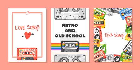 Illustration for Banners with Vintage Audio Cassette Tapes, Vibrant Backgrounds, Nostalgic Music And Recording Concept. Ideal For Music-themed Designs And Rock or Love Songs 80s Nostalgia. Cartoon Vector Illustration - Royalty Free Image