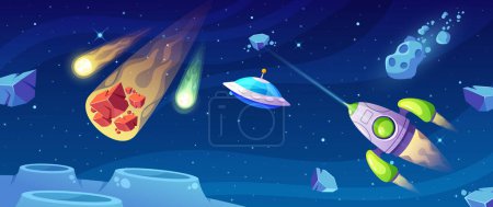 Cartoon Cosmic Game Scene With A Starry Space Backdrop. Ufo Hovers Mysteriously While A Rocket Embarks On An Interstellar Journey, Capturing The Essence Space Exploration. Vector Illustration