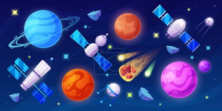 Illustration for Cosmic Game Set of the Space Objects For Interstellar Fun. Explore The Universe With Planets, Stars, Satellites And Asteroids In This Out-of-this-world Gaming Experience. Cartoon Vector Illustration - Royalty Free Image