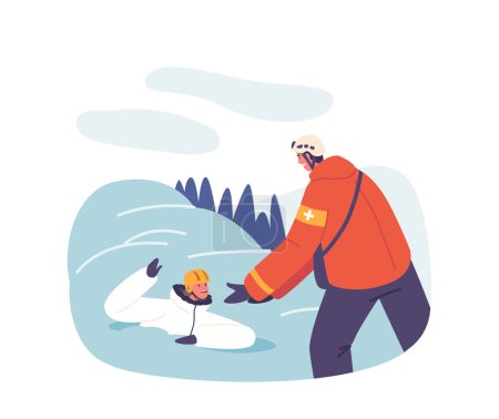 Illustration for Heroic Rescuer Characters Brave The Snow And Treacherous Terrain in The Icy Mountain Wilderness To Save A Stranded Victim, Scene Of Courage And Survival in Alps. Cartoon People Vector Illustration - Royalty Free Image