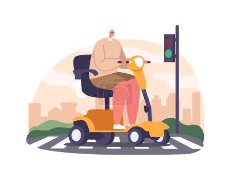 Illustration for Elderly Gentleman Confidently Navigates His Motorized Wheelchair Scooter Across The Zebra Crossing, Displaying Independence And Resilience On The Urban Streets. Cartoon People Vector Illustration - Royalty Free Image