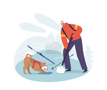 Téléchargez les illustrations : Sauveteur courageux et personnages de chiens loyaux creusent inlassablement dans la neige pour sauver la victime d'avalanche dans les montagnes, le travail d'équipe, la bravoure et la détermination inébranlable. Illustration vectorielle des personnages de bande dessinée - en licence libre de droit
