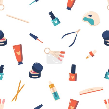 Illustration for Seamless Pattern Adorned With Chic Manicure Elements Like Nail Polish Bottles, Nail File, Acrylic, Color Palettes And Elegant Nail Art Designs, Tile For Beauty Aficionados. Cartoon Vector Illustration - Royalty Free Image