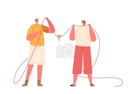 Illustration for Woman And A Man Characters Interconnected By An Unbreakable Thread, Symbolizing The Strength Of Their Social Ties And The Bond That Ties Their Hearts Together. Cartoon People Vector Illustration - Royalty Free Image