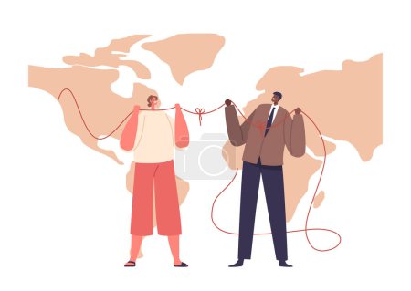 Illustration for Unity Beyond Borders. White Woman And Black Man Characters Connected By A Thread On A World Map Background, Symbolizing Global Solidarity And Diversity. Cartoon People Vector Illustration - Royalty Free Image