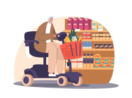 Independent Senior Woman Gracefully Navigating Her Wheelchair Scooter Through The Store Aisles, Confidently Making Purchases, And Enjoying Her Shopping Experience. Cartoon People Vector Illustration