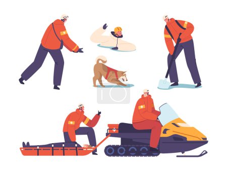 Illustration for Set of Isolated Daring Mountain Rescuer Characters with Dog, Snowmobile and Equipment Brave Treacherous Terrain To Save Lives, Offering Hope Amidst The Wilderness. Cartoon People Vector Illustration - Royalty Free Image