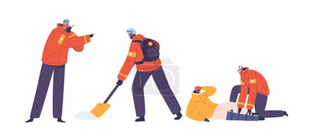 Illustration for Mountain Rescuers Characters Team. Heroes Of The Heights. Dedicated, Skilled, And Fearless, They Ensure Safety Amid The Rugged Peaks, Saving Lives With Expertise. Cartoon People Vector Illustration - Royalty Free Image