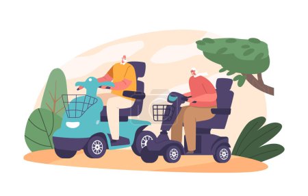 Ilustración de Personajes de pareja de ancianos montando scooters eléctricos. Abuelo y abuela viajan en silla de ruedas. Transporte para ancianos. Senior Family Weekend Concept. Dibujos animados Gente Vector Ilustración - Imagen libre de derechos