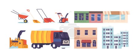 Illustration for Winter Snow Cleaning Items Set. Truck, City Buildings, Shovel, Ice Scraper, Snow Blower, And Salt Spreader, Ready To Tackle Snowy Days With Ease. Isolated Elements, Cartoon Vector Illustration - Royalty Free Image