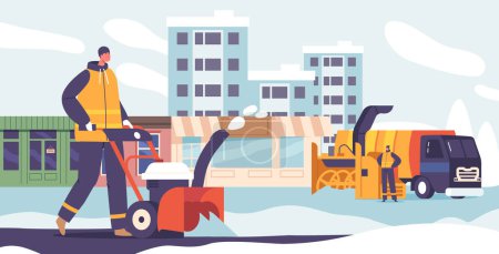Illustration for Snow-covered Street With Cleaner Characters In Action Use Machinery and Special Equipment. Workers Clear Paths Creating A Winter Wonderland Turned Pristine And Safe. Cartoon People Vector Illustration - Royalty Free Image