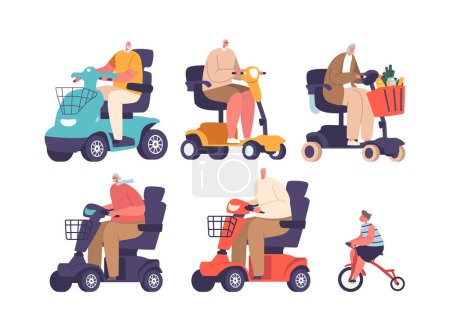 Téléchargez les illustrations : Personnages âgés sur les scooters de mobilité, les personnes âgées embrassant l'indépendance et la mobilité. Ensemble isolé d'hommes et de femmes âgés handicapés utilisant des vélos électriques. Illustration vectorielle de bande dessinée - en licence libre de droit