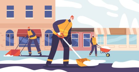 Illustration for Snowy Street Cleanup. Team Of Dedicated Cleaner Characters In Action, Diligently Clearing Snow From City Streets Ensuring Safe And Accessible Pathways During Winter. Cartoon People Vector Illustration - Royalty Free Image