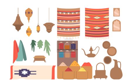 Téléchargez les illustrations : Ensemble d'articles vibrants et animés du marché arabe. Textiles colorés, céramiques ornées, épices aromatiques et trésors exotiques exposés, créant une riche tapisserie de culture et de commerce. Icônes vectorielles de bande dessinée - en licence libre de droit