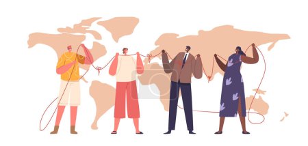 Ilustración de Diverso tapiz de personajes masculinos y femeninos entretejidos a través de un mapa del mundo, simbolizando la intrincada red de lazos sociales que nos conectan globalmente. Dibujos animados Gente Vector Ilustración - Imagen libre de derechos