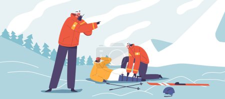 Illustration for Brave Rescuers Provide Vital Aid To An Injured Skier In The Rugged Mountain Terrain, Showcasing Teamwork, Courage, And A Commitment To Safety In Challenging Conditions. Cartoon Vector Illustration - Royalty Free Image