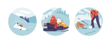 Illustration for Isolated Round Icons with Scenes of Dangers in Mountains. Rescuers Save Lives, Scaling Heights, Battling Elements, Evacuate Victims, Help People in Dangerous Situations. Cartoon Vector Illustration - Royalty Free Image