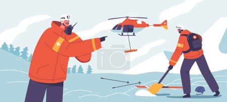 Téléchargez les illustrations : Dans Un sauvetage audacieux en montagne, Un hélicoptère soulève une personne blessée à la sécurité. Personnages de héros masculins dans le ciel, apportant de l'espoir au milieu du terrain accidenté. Illustration vectorielle des personnages de bande dessinée - en licence libre de droit