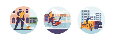 Illustration for Isolated Round Icons with Janitor Service Cleaner Characters Clear Street Of Snow Use Shovels, , Blowers and Machines, Ensuring Safe Passage During The Snowy Season. Cartoon People Vector Illustration - Royalty Free Image