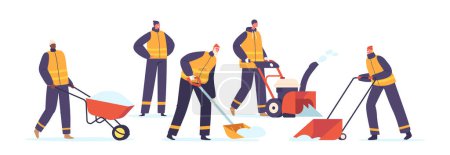 Illustration for Professional Snow Cleaning Characters Team In Action, Clearing A Snow-covered Urban Street With Precision And Teamwork, Keeping Winter Roads Safe And Accessible. Cartoon People Vector Illustration - Royalty Free Image