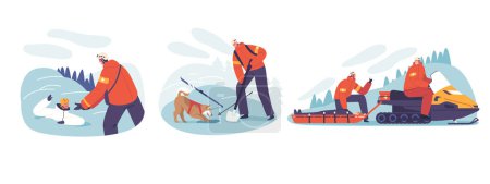 Illustration for Brave Rescuers In The Rugged Mountains, Risking All To Save Lives. Hero Characters Scaling Heights, Battling Elements, Evacuate Victims, Emerge In The Wilderness. Cartoon People Vector Illustration - Royalty Free Image