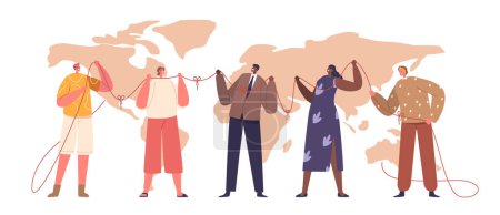 Illustration for World United By Threads Of Diversity. Characters From All Walks Of Life Connected On A Global Tapestry, Showcasing The Beautiful Concept Of Social Ties. Cartoon People Vector Illustration - Royalty Free Image