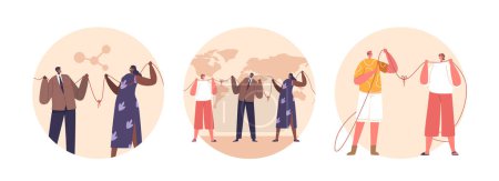 Ilustración de Iconos redondos aislados con diversos personajes conectados con el hilo en un tapiz global, mostrando el hermoso concepto de lazos sociales y relaciones internacionales. Dibujos animados Gente Vector Ilustración - Imagen libre de derechos