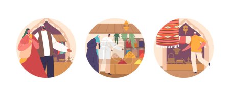 Téléchargez les illustrations : Icônes rondes isolées avec des personnages visitant le bazar arabe avec des étals colorés, des épices aromatiques et des textiles immergés dans l'atmosphère animée du shopping. Illustration vectorielle des personnages de bande dessinée - en licence libre de droit
