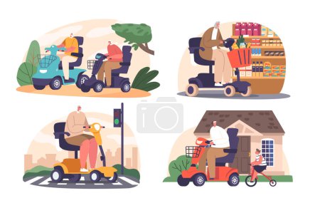 Téléchargez les illustrations : Personnages âgés jouissent de la liberté et de la mobilité sur les scooters en fauteuil roulant, embrassant les aventures de la vie avec un sourire alors qu'ils naviguent gracieusement leur chemin à travers chaque jour. Illustration vectorielle des personnages de bande dessinée - en licence libre de droit