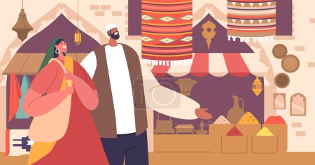 Ilustración de Escena bulliciosa del mercado árabe con puestos coloridos, gente regodeando sobre mercancías y especias aromáticas llenando el aire, creando una atmósfera vibrante y culturalmente rica. Dibujos animados Gente Vector Ilustración - Imagen libre de derechos