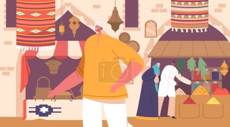 Téléchargez les illustrations : Scène de marché arabe dynamique avec des foules tissent à travers des étals colorés, des épices aromatiques et des trésors exotiques. Riche tapisserie culturelle capturée dans une image animée. Illustration vectorielle des personnages de bande dessinée - en licence libre de droit