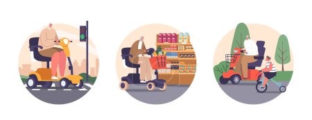 Illustration for Isolated Round Icons or Avatars with Senior Male and Female Characters Driving Wheelchair Scooters, Travel, Doing Shopping in Grocery Store, and Having Fun. Cartoon People Vector Illustration - Royalty Free Image