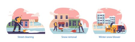 Isolated Elements with Snow Removal Scenes. Cleaner Characters Clear Streets Use Shovels, Wheelbarrows, and Blower, Ensuring Safe Passage During The Snowy Season. Cartoon People Vector Illustration