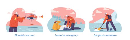 Illustration for Isolated Elements with Scenes of Dangers in Mountains. Brave Rescuers Save Lives, Scaling Heights, Evacuate Victims by Helicopter After the Avalanche Accident. Cartoon People Vector Illustration - Royalty Free Image