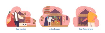 Ilustración de Elementos aislados con personajes comprando en el mercado árabe con puestos coloridos, especias aromáticas y textiles ornamentados, creando un ambiente animado y culturalmente rico. Dibujos animados Gente Vector Ilustración - Imagen libre de derechos
