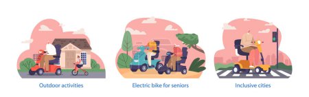 Illustration for Isolated Elements with Elderly People Characters Riding On Wheelchair Scooters, Embracing Life Adventures, Navigate Their Way, Enjoying Travel and Outdoor Activities. Cartoon Vector Illustration - Royalty Free Image