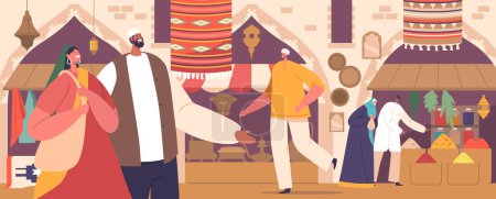 Téléchargez les illustrations : Personnages de Vibrant Arab Market. Bazar animé avec étals colorés, épices aromatiques, et les gens plongés dans le shopping, la création d'une atmosphère vivante et culturellement riche. Illustration vectorielle de bande dessinée - en licence libre de droit
