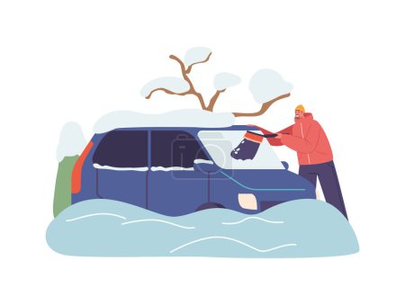 Illustration for Male Character Clean Windshield. Diligent Man Meticulously Clears Snow From His Car Windows, Determined To Ensure A Safe And Clear View For His Winter Journey Ahead. Cartoon People Vector Illustration - Royalty Free Image