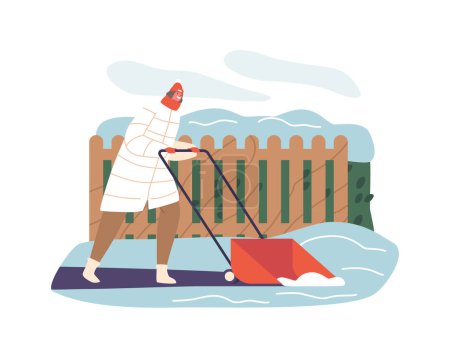 Illustration for Female Character Remove Snow. Efficient Woman Meticulously Clears Yard From Freshly Fallen Snow, Determined And Focused, Leaving Behind A Clean Winter Wonderland. Cartoon People Vector Illustration - Royalty Free Image
