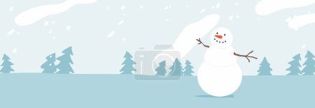 Ilustración de Paisaje caprichoso de la naturaleza blanqueado en la nieve, donde un muñeco de nieve alegre se para alto, rodeado de brillante maravilla de invierno. Dibujos animados Vector Ilustración, Paisaje Maravillas Fondo - Imagen libre de derechos