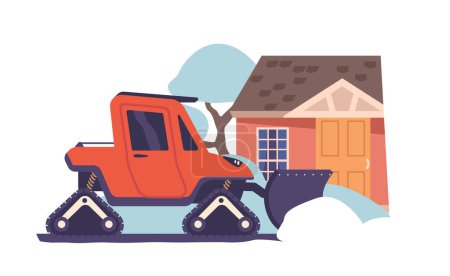 Illustration for Snow-clearing Machine Diligently Sweeps Through The Street, Its Powerful Blades And Brushes Removing The Winter Blanket, Ensuring Safe And Passable Roads For All. Cartoon Vector Illustration - Royalty Free Image