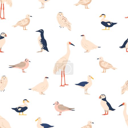 Illustration for Seamless Pattern Adorned With Arctic Birds, Puffin, Snowy Owl, Arctic Tern, Common Eider, Guillemot, Sanderling, Gull, Gyrfalcon, And Ptarmigan With Snow Bunting. Cartoon Vector Illustration, Tile - Royalty Free Image