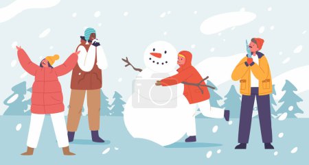 Téléchargez les illustrations : Personnages d'enfants Munch joyeusement sur la neige fraîchement tombée, les glaçons légers et attraper des flocons de neige avec bouche. Leurs visages brillent de joie alors qu'ils savourent des friandises glacées hivernales. Illustration vectorielle des personnages de bande dessinée - en licence libre de droit