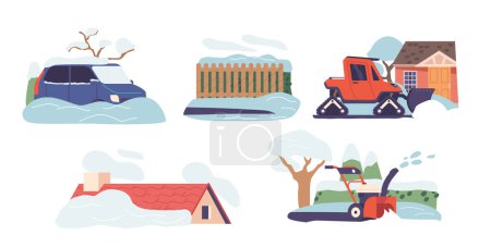 Ilustración de Conjunto de elementos Snowy Cottage Roof, y House Yard, Coche cubierto con nieve recién caída, máquina pesada y ventilador aislado sobre fondo blanco. Ilustración de vectores de dibujos animados - Imagen libre de derechos