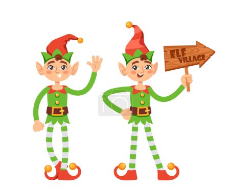 Téléchargez les illustrations : Dessin animé Elfe de Noël, vêtu d'une tenue festive avec des oreilles pointues et un sourire espiègle, écarte la joie des fêtes et apporte de la joie. Personnage fantastique agitant la main et tenant pointeur. Illustration vectorielle - en licence libre de droit