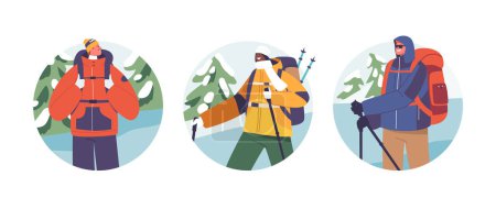 Illustration for Isolated Round Icons or Avatars with Adventurous Winter Hikers or Mountain Climber Characters With Backpacks and Gear, Tracing Way Through The Snowy Landscapes. Cartoon People Vector Illustration - Royalty Free Image