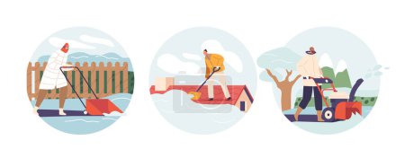 Illustration for Isolated Round Icons with Characters Clearing The Cottage Yard and Roof Of Freshly Fallen Snow, United In The Winter Task. People Engage in Seasonal Cleaning and Plowing. Cartoon Vector Illustration - Royalty Free Image