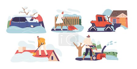 Ilustración de Personajes de la gente limpiando diligentemente los terrenos de la cabaña de nieve recién caída, unidos en la tarea de invierno, creando un pintoresco refugio cubierto de nieve. Dibujos animados Gente Vector Ilustración - Imagen libre de derechos