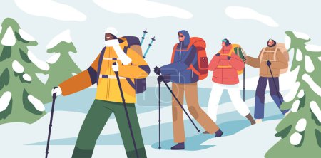 Illustration for Adventurous Group Of Climbers, Backpacks In Tow, Scaling Majestic Peaks, Chasing The Thrill Of The Summit, And Forging Unforgettable Memories In The Heart Of Nature Grandeur. Vector Illustration - Royalty Free Image